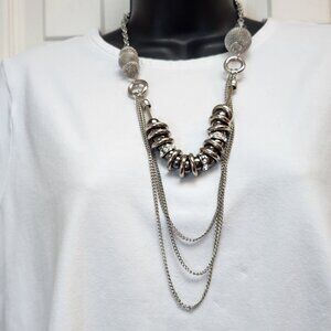 Bold Statement Necklace Silver Rings Black Beads Rhinestones Chains